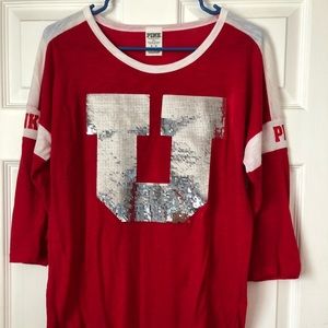 VS PINK University of Utah sequined 3/4 sleeve tee